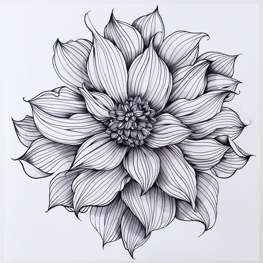 Intricate black and white line art of a floral tattoo on white canvas