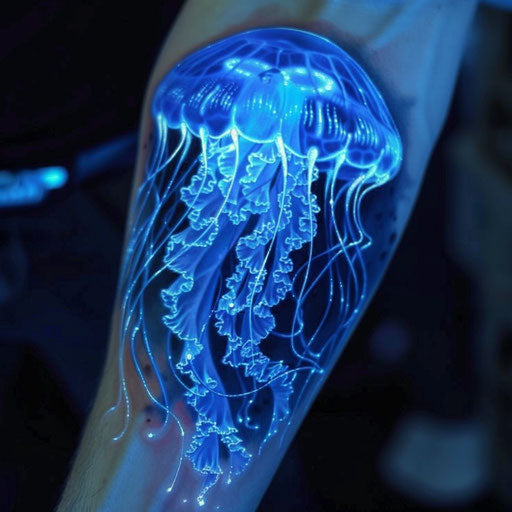 Glowing bioluminescent jellyfish tattoo on white background