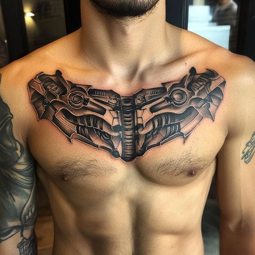 Small chest tattoos for men with biomechanical designs, in the style of Guy Aitchison