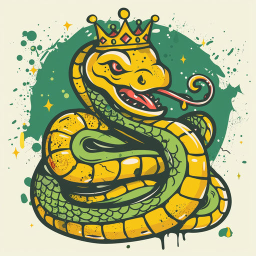Playful flat tattoo sketch of a cartoon serpent wearing a crown, bright yellows and greens, clipart design