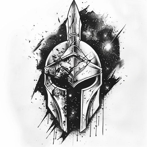 Sketch of celestial spartan helmet tattoo with cosmic elements