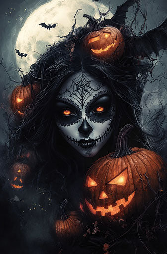 Beautiful witch with sugar skull makeup, black hair, pumpkins, dark background