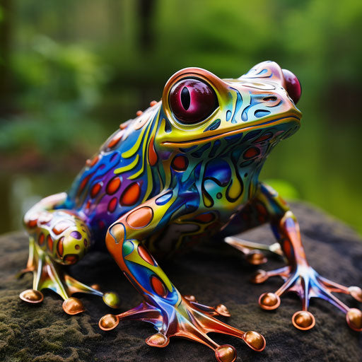 Painted sculpture of colorful frog, airbrush style bronze