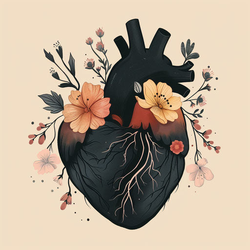 Black heart tattoo with soft floral accents