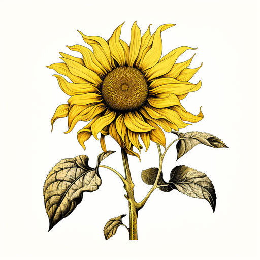 Drawn yellow sunflower with roots and leaves on white background