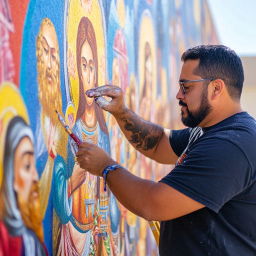 Mural painting of saints in a community center