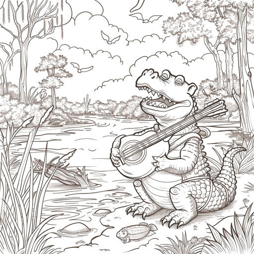 A drawn alligator playing banjo by the riverside