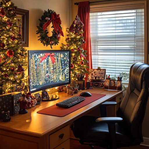 Home office decorated for Christmas with holiday screensaver