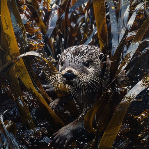 Otter navigating through a dense kelp forest in search of food
