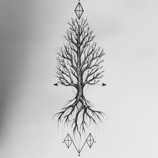 Contemporary flat tattoo sketch of a tree root system with minimalist geometric shapes