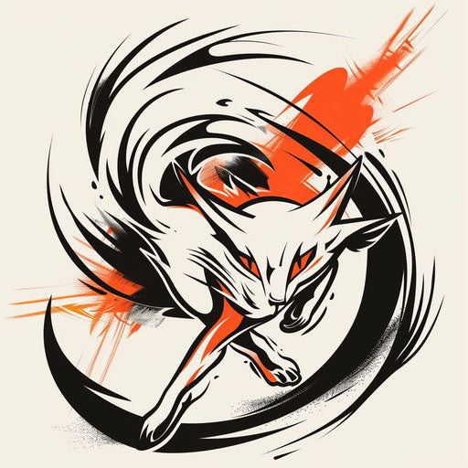 Dynamic flat tattoo sketch of a kitsune leaping