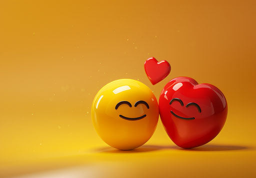 Smiling emojis holding hearts, dom qwek style, candid atmosphere