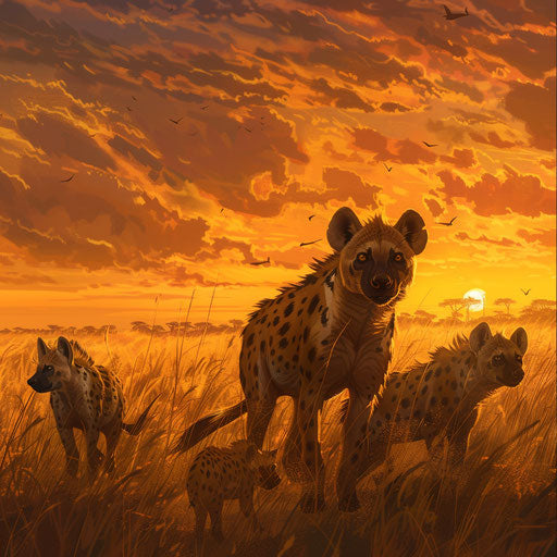 Hyenas in a golden savannah at sunset