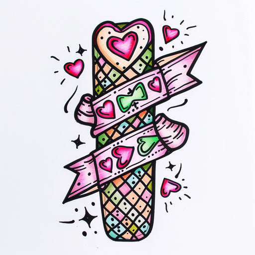 Colorful flat tattoo sketch of a bandage with pink hearts and green cross patterns