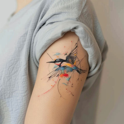Modern abstract swallow tattoo on a white gallery wall