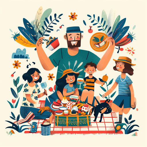 Family picnic scene with dog, playful flat tattoo sketch