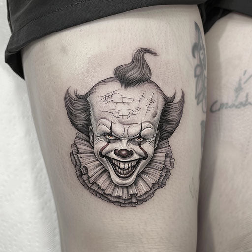 Realistic laughing clown tattoo on white background