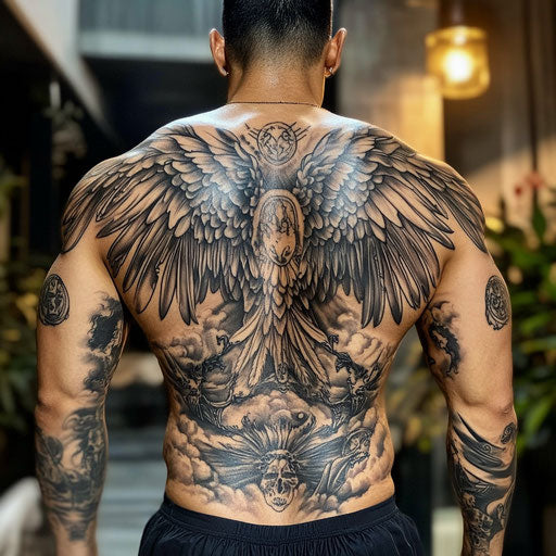 Wings tattoo on back with majestic angel wings and heavenly symbols