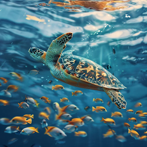 Graceful sea turtle floating with fish in Roeselien Raimond style