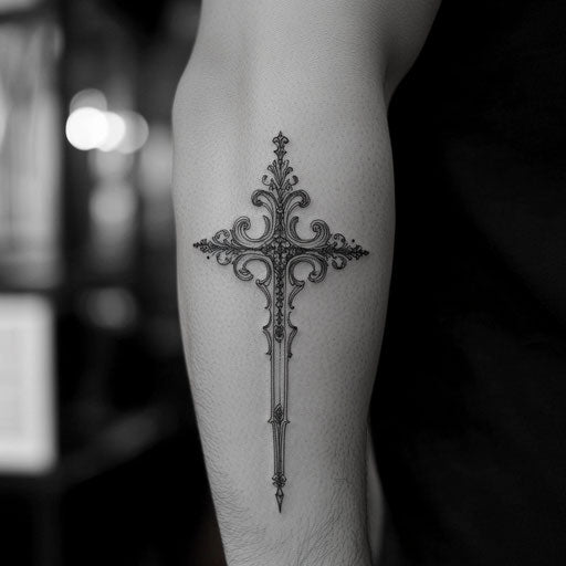 Tricep tattoo of an ornate gothic cross in the style of Ami James
