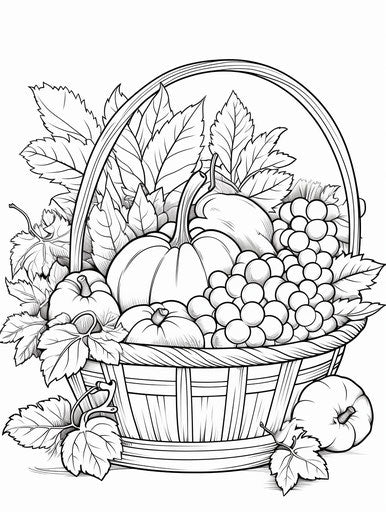 Basket of vegetables and fruits coloring page for adults cartoon style