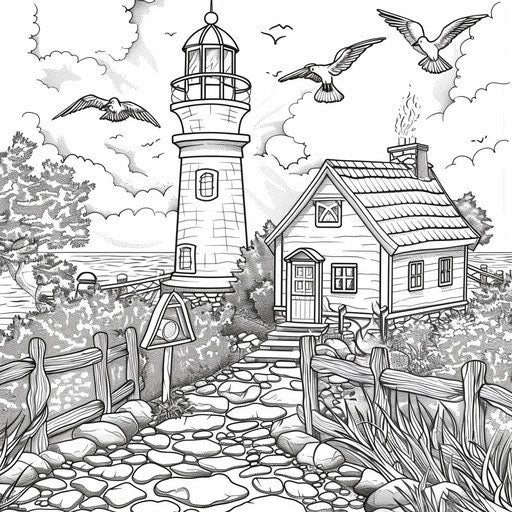 Seaside cottage with lighthouse and seagulls flying overhead