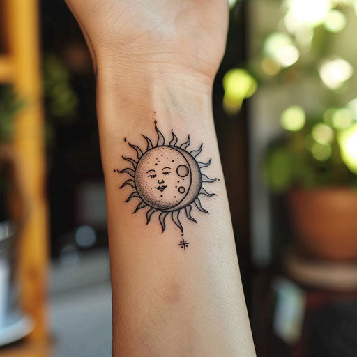 Spiritual tattoos of a sun and moon, Steve Sack style, on the wrist