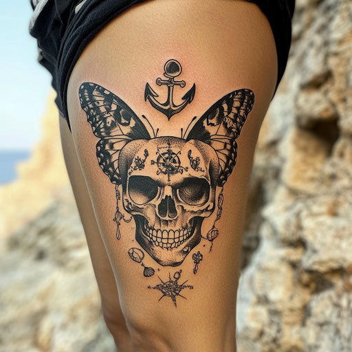 Skull butterfly thigh tattoo with nautical symbols