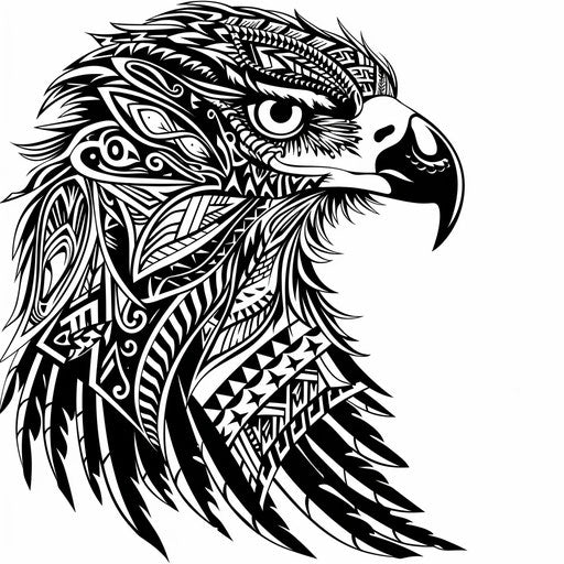 Polynesian inspired eagle tattoo, intricate tribal patterns on white background