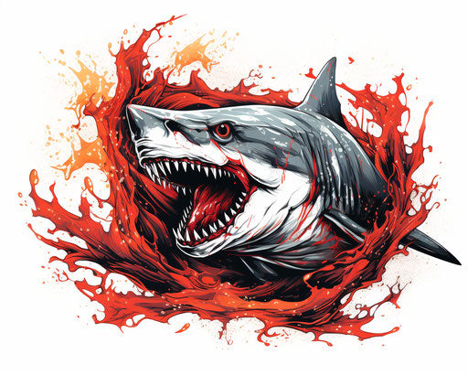 shark with orange flames and claws, black and white line work
