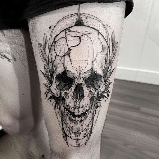 Neo-Traditional Skull Tattoo in Black Ink, on White Backdrop