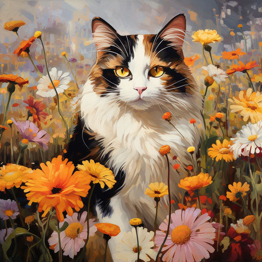 Calico cat in a field of flowers