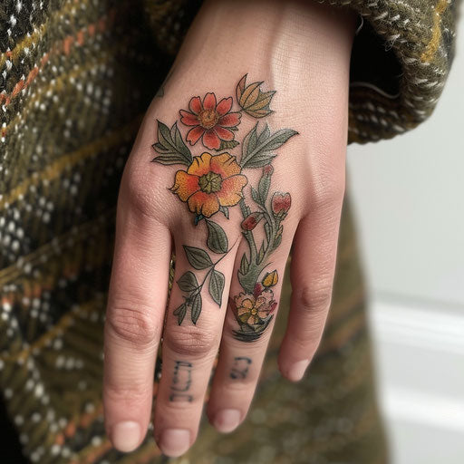 Finger tattoos for women in the style of Maria Sibylla Merian with floral designs