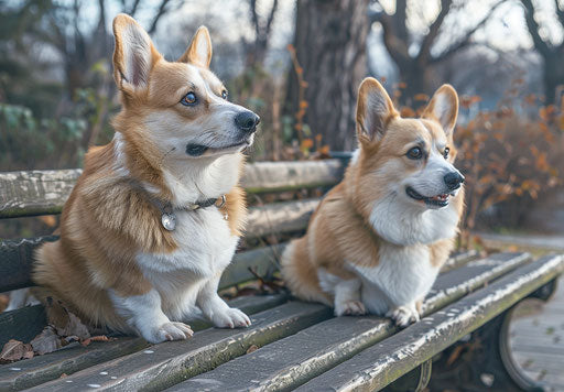 White corgis on bench with varied textures