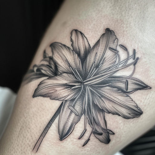 Realistic black and grey spider lily tattoo