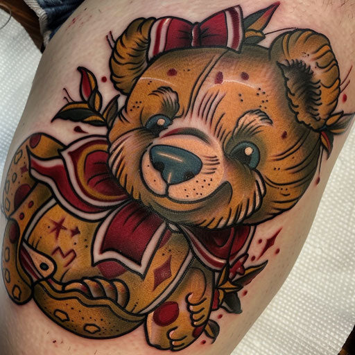 Neo-traditional teddy bear tattoo on white canvas