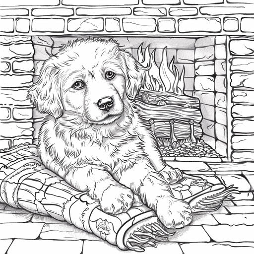 Puppy on a blanket by the fireplace