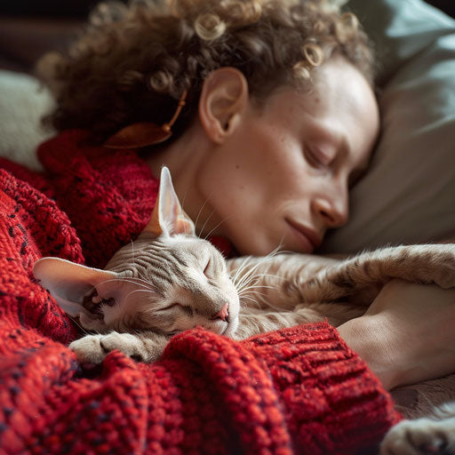 Cornish rex cat asleep on a couch with its owner