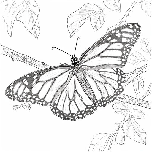 Monarch Butterfly on Branch, Coloring Page