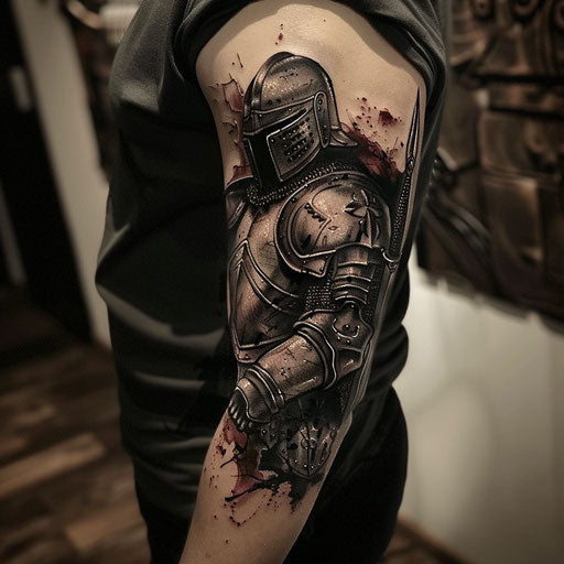 Knight in armor tattoo on the bicep