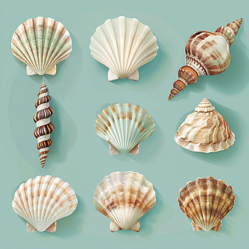 Realistic shells clipart on turquoise background