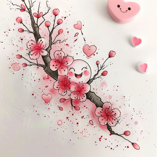 Whimsical flat tattoo sketch of cartoon-style sakura blossoms