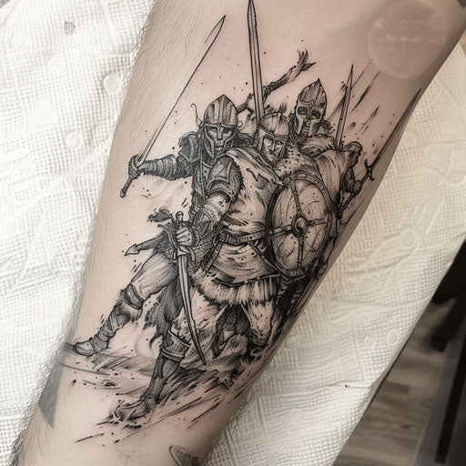 Norse battle scene in Viking-style stylized art