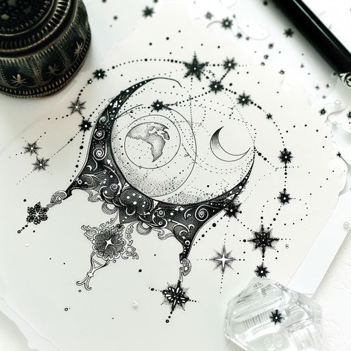 Celestial lace tattoo sketch with constellations and zodiac symbols