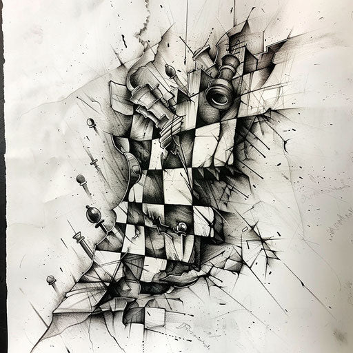 Flat tattoo sketch of shattered chessboard, black and gray