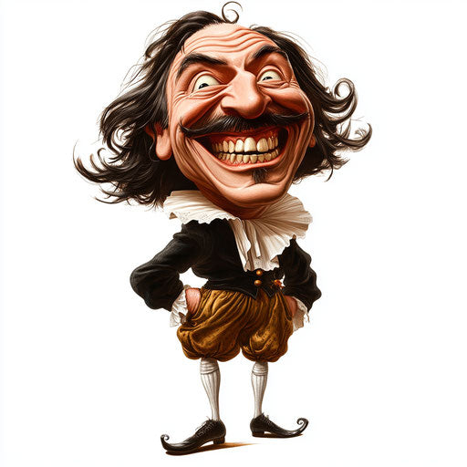 Humorous caricature of a Hugo Grotius caricature clipart with human characteristics, exaggerated big teeth, big feet, rough edges, vibrant colors, cartoon style, laughing, high resolution, background free, isolated