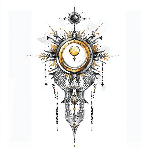 Tattoo sketch hamsa hand with sun and moon motif in gold and silver