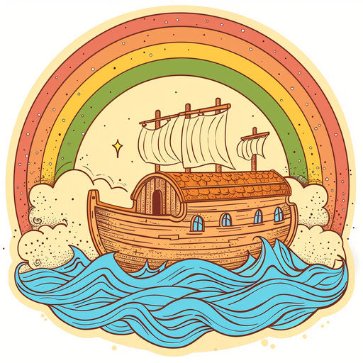 Colorful Noah's Ark under rainbow