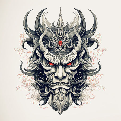 Samurai mask in mythological style, simple lines