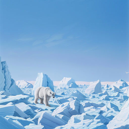 Solitary polar bear in maze of icebergs